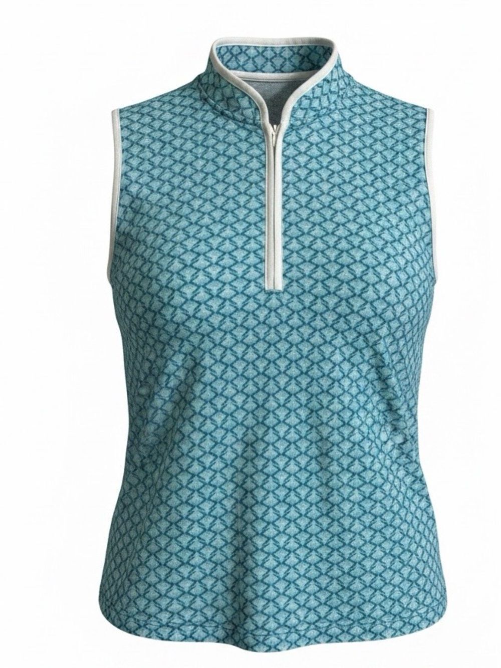 Sigrid Olsen women’s Sleeveless Blue Patterned Zip Mock Neck golf shirt size XL